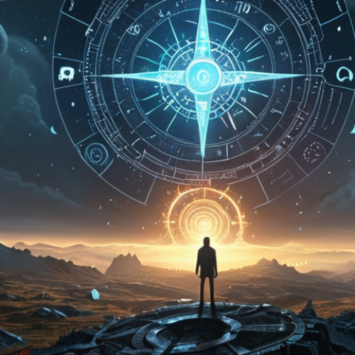 Home 16 A lone figure stands in a swirling, chaotic landscape filled with fleeting digital opportunities, glowing job titles appearing and disappearing, and abstract AI symbols. The person looks overwhelmed, holding fragmented, luminous puzzle pieces that don't connect. In the distance, a singular, strong beam of light emanates from a mystical compass, piercing through the fog, symbolizing the dawn of personal clarity amidst modern-day disorientation.