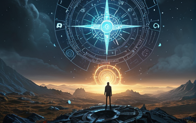 A lone figure stands in a swirling, chaotic landscape filled with fleeting digital opportunities, glowing job titles appearing and disappearing, and abstract AI symbols. The person looks overwhelmed, holding fragmented, luminous puzzle pieces that don't connect. In the distance, a singular, strong beam of light emanates from a mystical compass, piercing through the fog, symbolizing the dawn of personal clarity amidst modern-day disorientation.