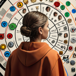 ** A person thoughtfully reflecting, surrounded by symbols representing values, strengths, and passions, with a roadmap extending into the future.

**