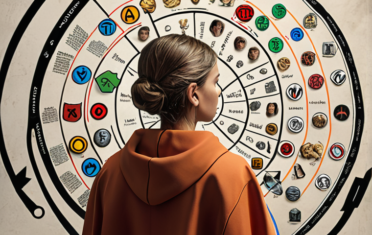 ** A person thoughtfully reflecting, surrounded by symbols representing values, strengths, and passions, with a roadmap extending into the future.
**