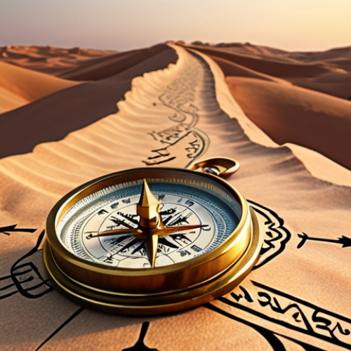 Home 8 **Image:** A compass pointing towards a bright horizon, with a winding path symbolizing a journey. In the background, subtle Arabic calligraphy hints at self-discovery and inner strength.
* **Prompt:** "Endless adventure of self-growth. A compass guides on a path towards a bright future, Arabic calligraphy evokes inner strength."