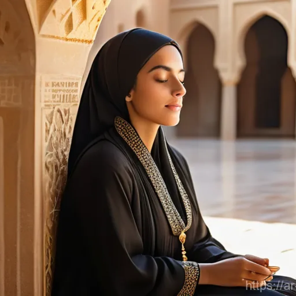 미션 스테이트먼트와 개인 성장의 관계 - A serene young Arab woman, wearing an elegant and modest abaya and headscarf, sits peacefully in a s...