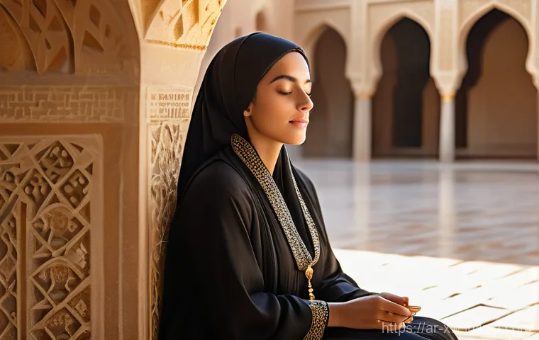 미션 스테이트먼트와 개인 성장의 관계 - A serene young Arab woman, wearing an elegant and modest abaya and headscarf, sits peacefully in a s...