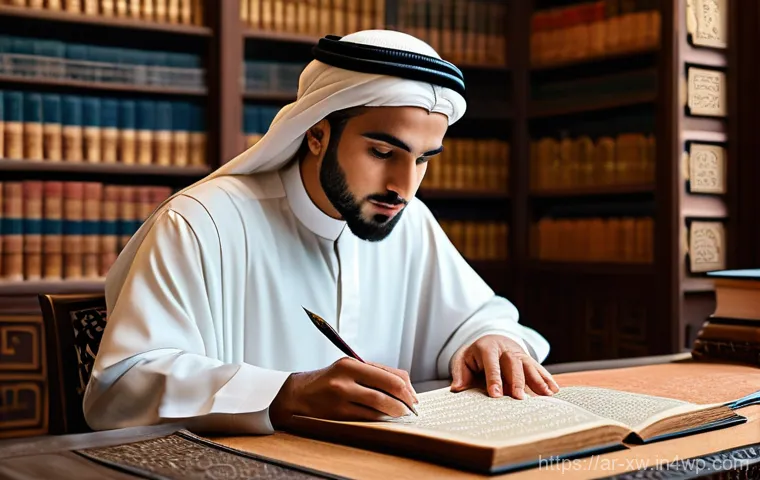 미션 스테이트먼트와 개인 성장의 관계 - A serene young Arab woman, wearing an elegant and modest abaya and headscarf, sits peacefully in a s...