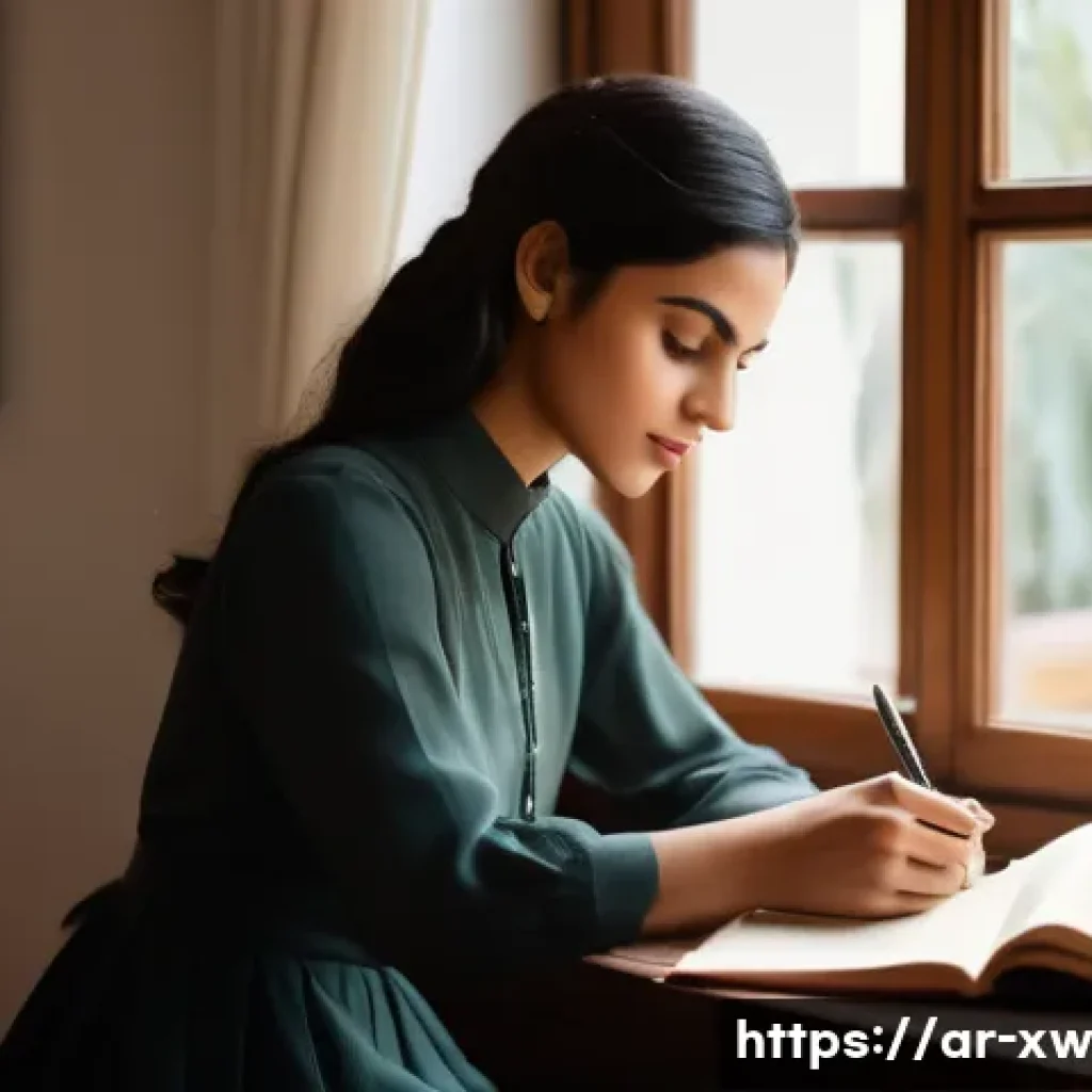 미션 스테이트먼트 작성의 심리적 이점 - **Prompt: "A serene, contemplative woman, aged late 20s, sits elegantly at a polished wooden desk, b...