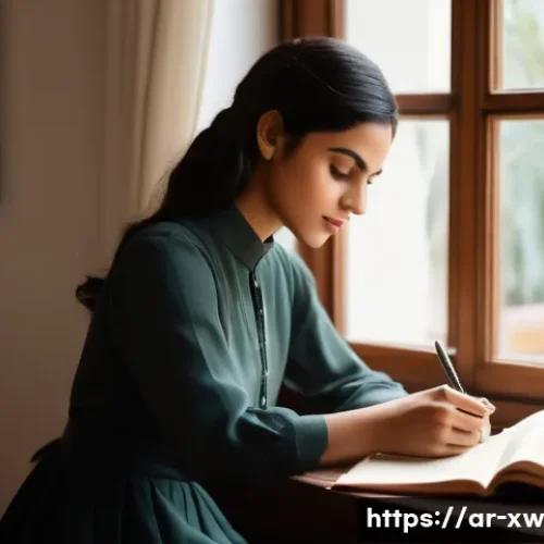 미션 스테이트먼트 작성의 심리적 이점 - **Prompt: "A serene, contemplative woman, aged late 20s, sits elegantly at a polished wooden desk, b...