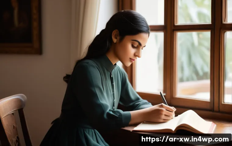 미션 스테이트먼트 작성의 심리적 이점 - **Prompt: "A serene, contemplative woman, aged late 20s, sits elegantly at a polished wooden desk, b...