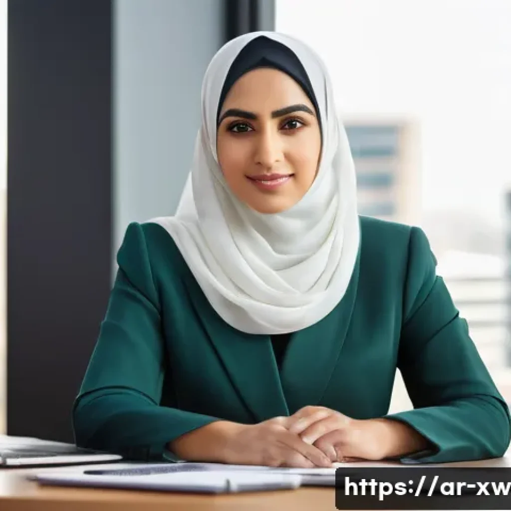 개인 미션 스테이트먼트와 직업 선택 - A professional Middle Eastern Arab woman wearing modest business attire, sitting confidently at a mo...