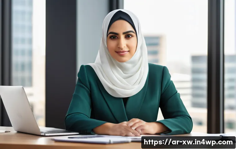 개인 미션 스테이트먼트와 직업 선택 - A professional Middle Eastern Arab woman wearing modest business attire, sitting confidently at a mo...