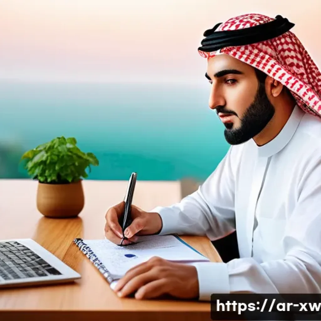 미션 스테이트먼트와 자기관리의 관계 - A serene Middle Eastern home office scene at sunrise, featuring an Arab man in traditional casual at...
