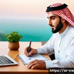 Home 22 미션 스테이트먼트와 자기관리의 관계 - A serene Middle Eastern home office scene at sunrise, featuring an Arab man in traditional casual at...