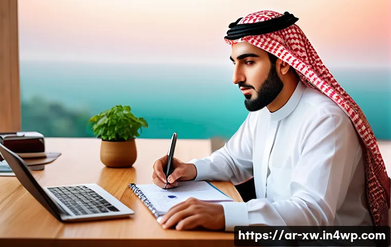 미션 스테이트먼트와 자기관리의 관계 - A serene Middle Eastern home office scene at sunrise, featuring an Arab man in traditional casual at...