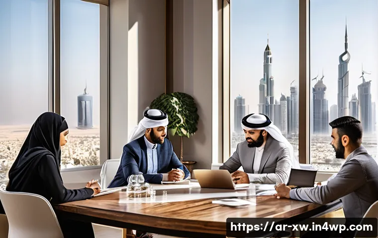 미션 스테이트먼트 작성의 경험 공유 - A modern Arab office environment with a diverse team engaged in a collaborative brainstorming sessio...