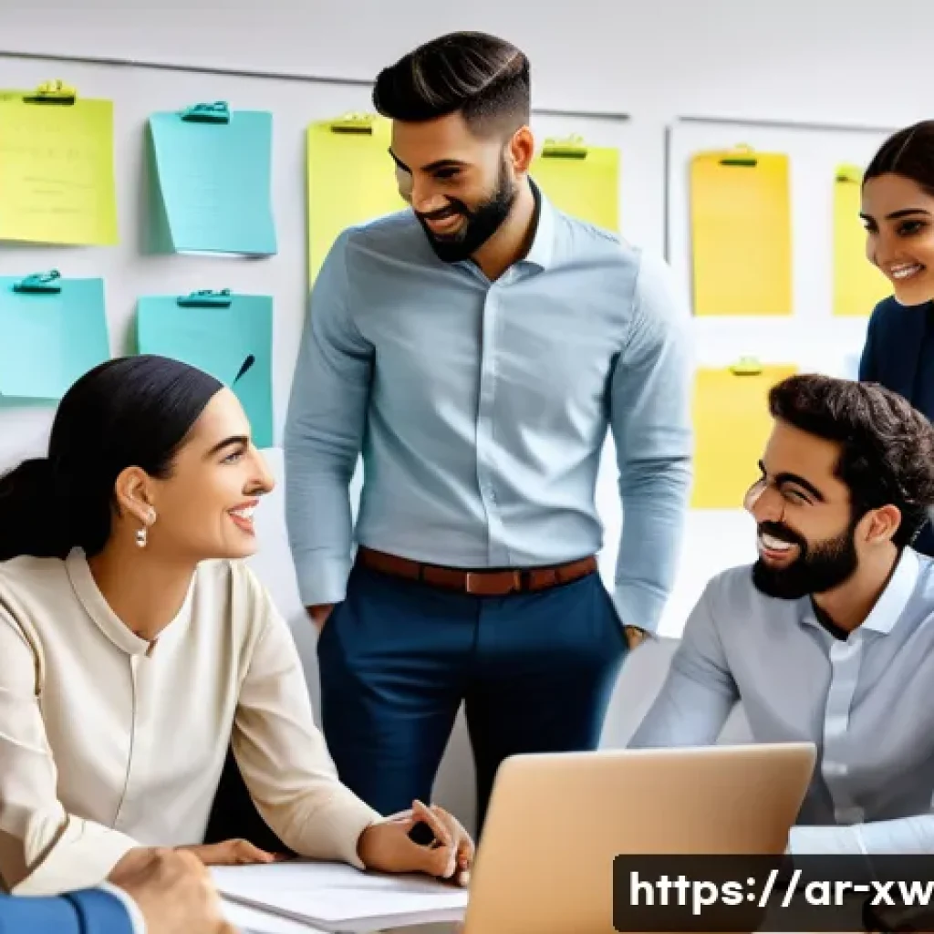 미션 스테이트먼트 작성 워크숍 참여하기 - A diverse professional team of Arabic-speaking businesspeople collaborating in a modern office durin...