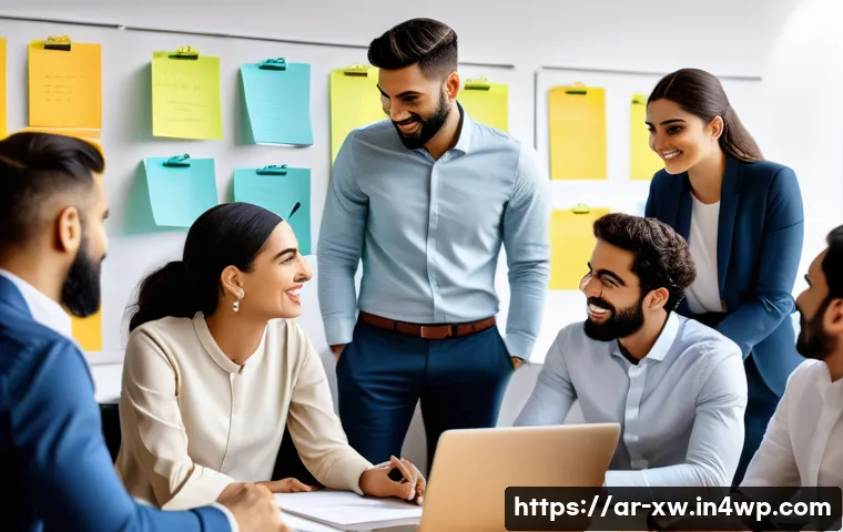 미션 스테이트먼트 작성 워크숍 참여하기 - A diverse professional team of Arabic-speaking businesspeople collaborating in a modern office durin...