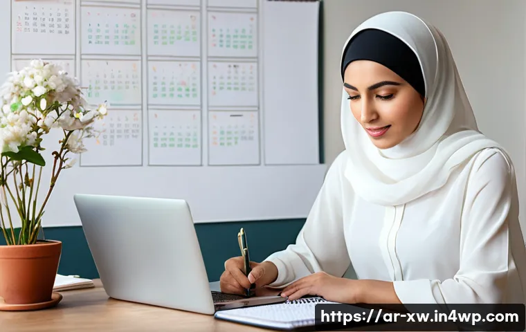 개인 미션 스테이트먼트의 이해와 적용 - A professional Middle Eastern woman in traditional yet modern modest attire, sitting at a tidy desk ...