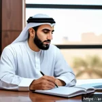 Home 18 개인 미션 스테이트먼트 작성을 위한 참고 자료 - A professional Arab man in traditional attire (thobe and keffiyeh), sitting thoughtfully at a modern...