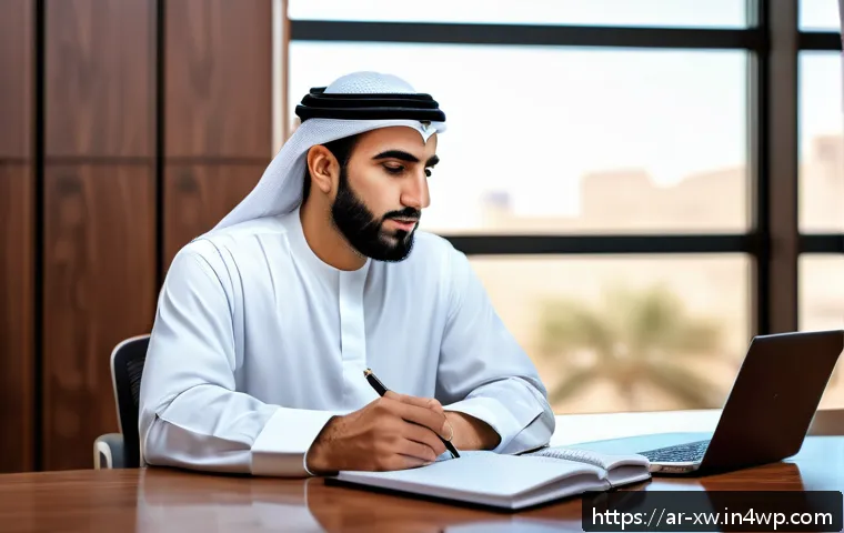 개인 미션 스테이트먼트 작성을 위한 참고 자료 - A professional Arab man in traditional attire (thobe and keffiyeh), sitting thoughtfully at a modern...