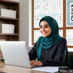 Home 23 개인 및 직업 목표의 정렬 방법 - A modern Arab professional woman sitting at a sleek desk in a bright home office, using a laptop wit...