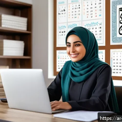 Home 17 개인 및 직업 목표의 정렬 방법 - A modern Arab professional woman sitting at a sleek desk in a bright home office, using a laptop wit...