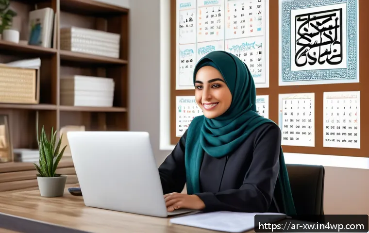 개인 및 직업 목표의 정렬 방법 - A modern Arab professional woman sitting at a sleek desk in a bright home office, using a laptop wit...