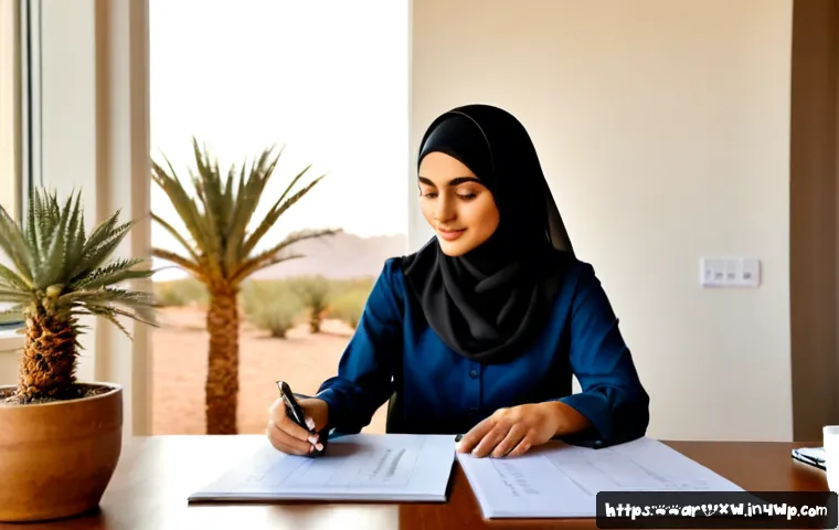 개인 미션 스테이트먼트 분석 사례 - Photorealistic Arab professional in modest business attire seated at a tidy sunlit home office desk,...